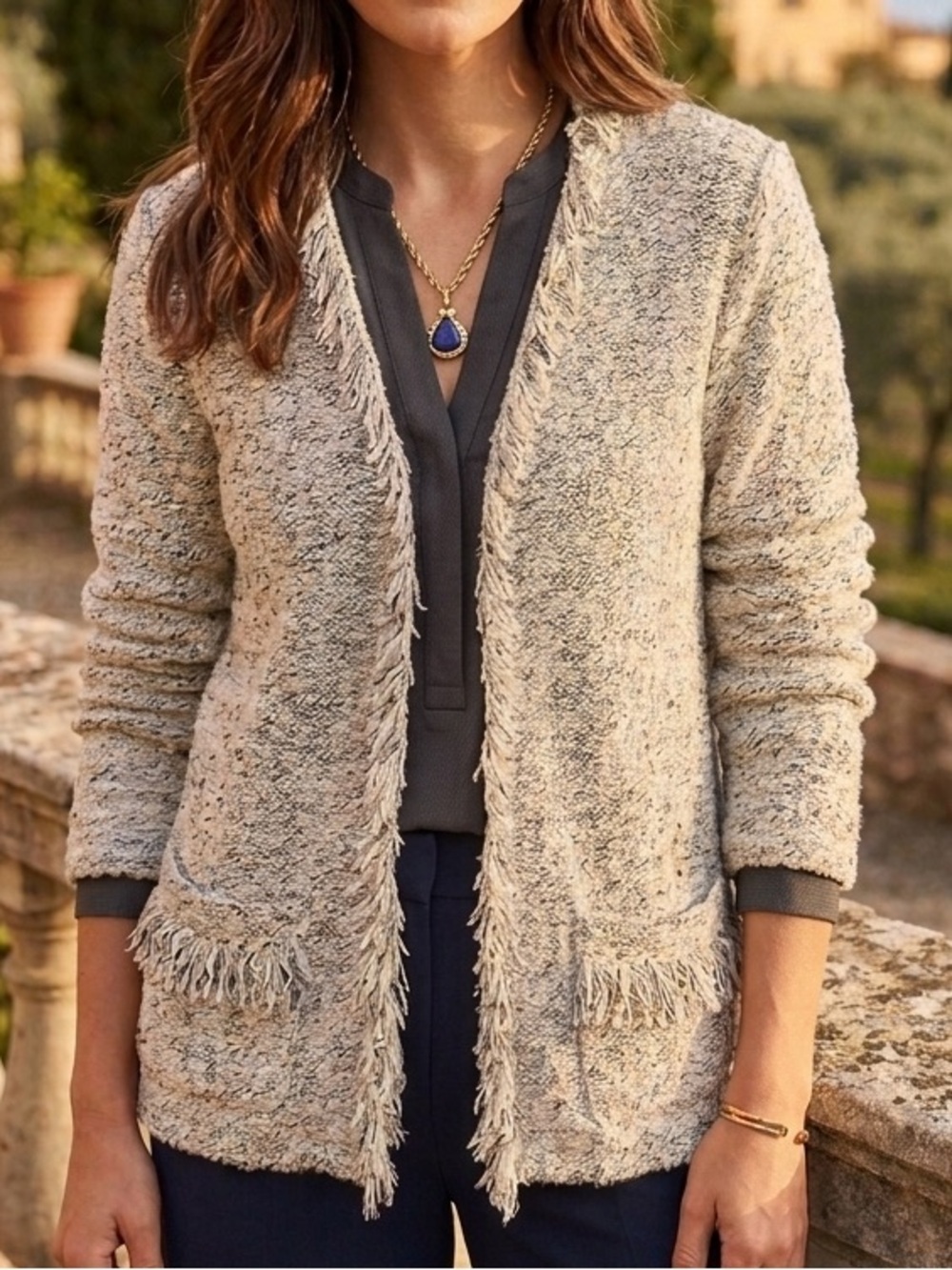 Crossing Pointe Soft Cream Fringe Open-Front or Closed Cardigan Sweater